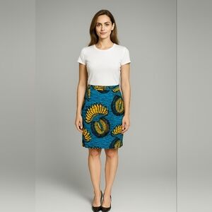 NWOT Blue and Yellow Patterned Women's Pencil Skirt